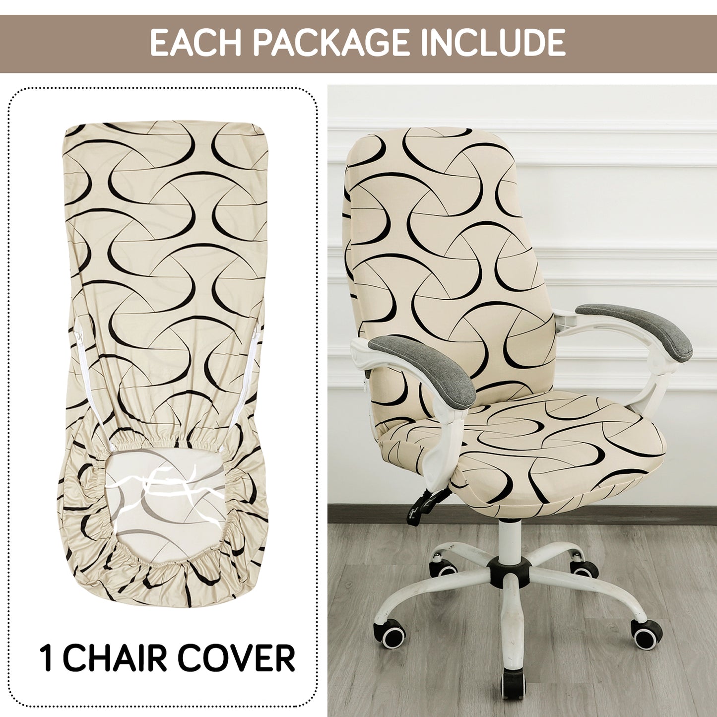 HOKIPO 140gsm Stretchable Office Chair Cover, Natural Beige Abstract Art - Medium / Large