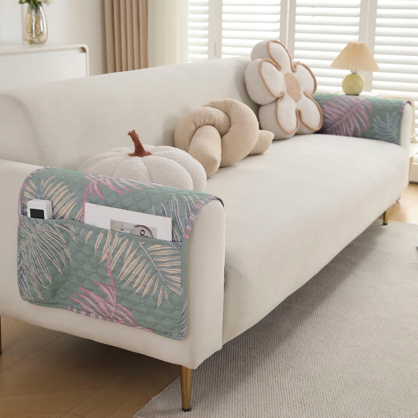 Polyester 2 Pcs Printed Quilted Sofa Armrest Cover, Tropical Leaves Pastel Green