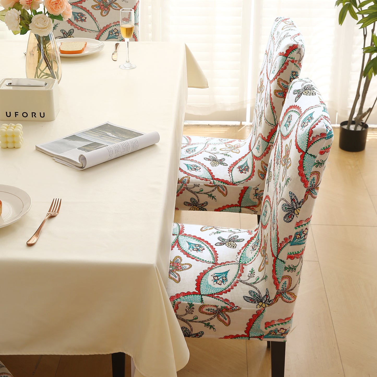 Premium Printed Velvet Dining Chair Cover Set, Beige Persian Garden