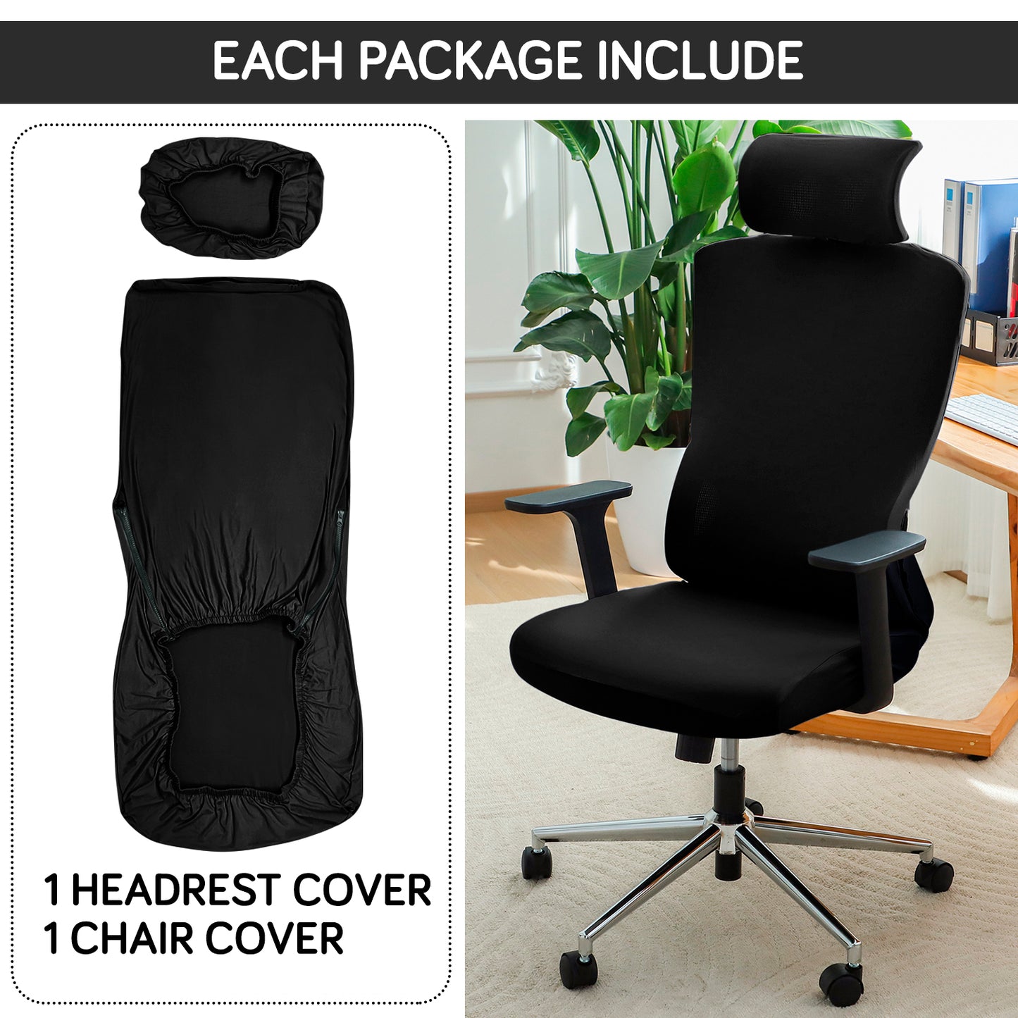 Office Chair Cover with Headrest (High-Back) – 140 GSM Stretch Fabric – Washable, Anti-Slip Fit for Ergonomic Mesh Office Chairs, Black