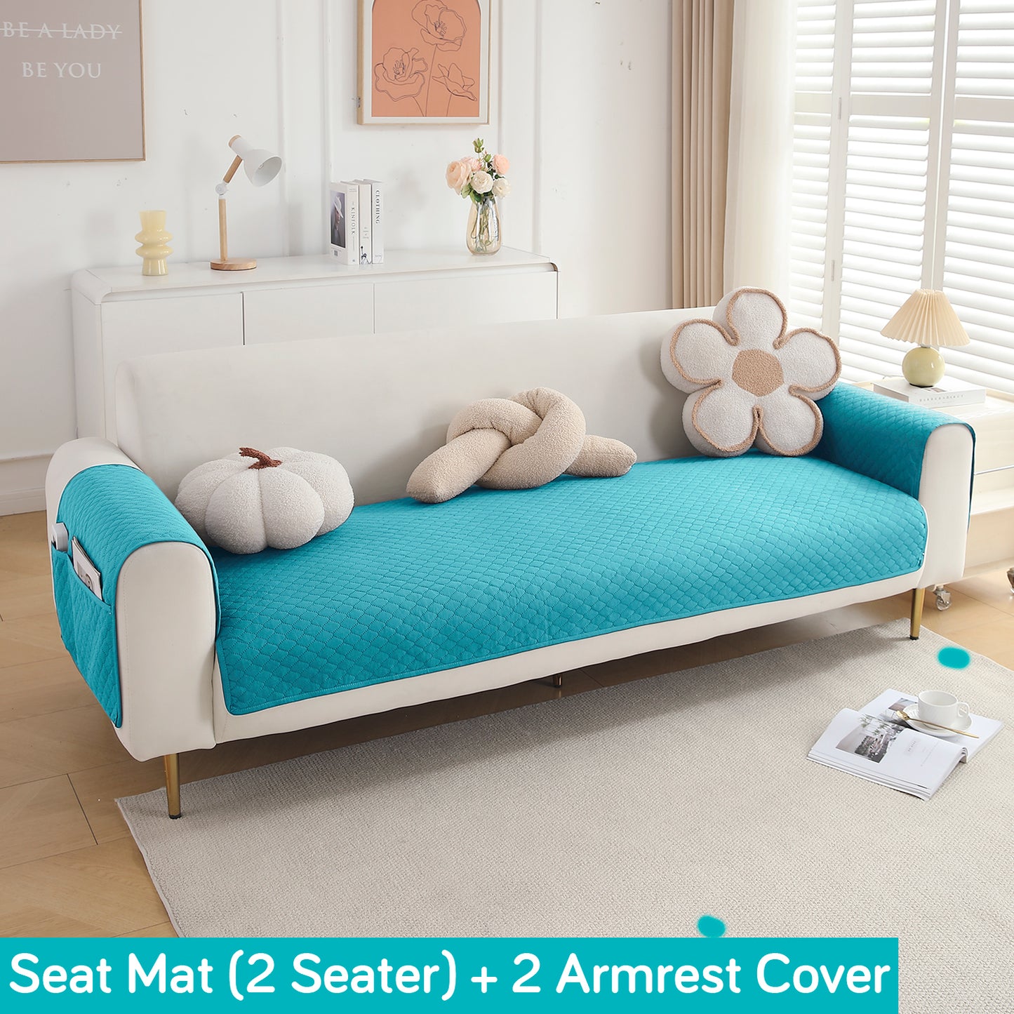Quilted Sofa Cover Mat with 2 Armrest Covers Pockets, Teal