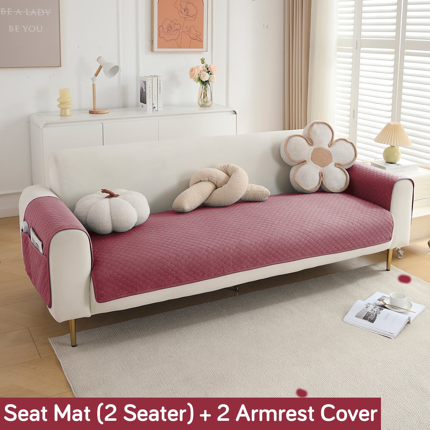 Quilted Sofa Cover Set with Seat Mat and Armrest Covers with Pockets, Mauve Pink