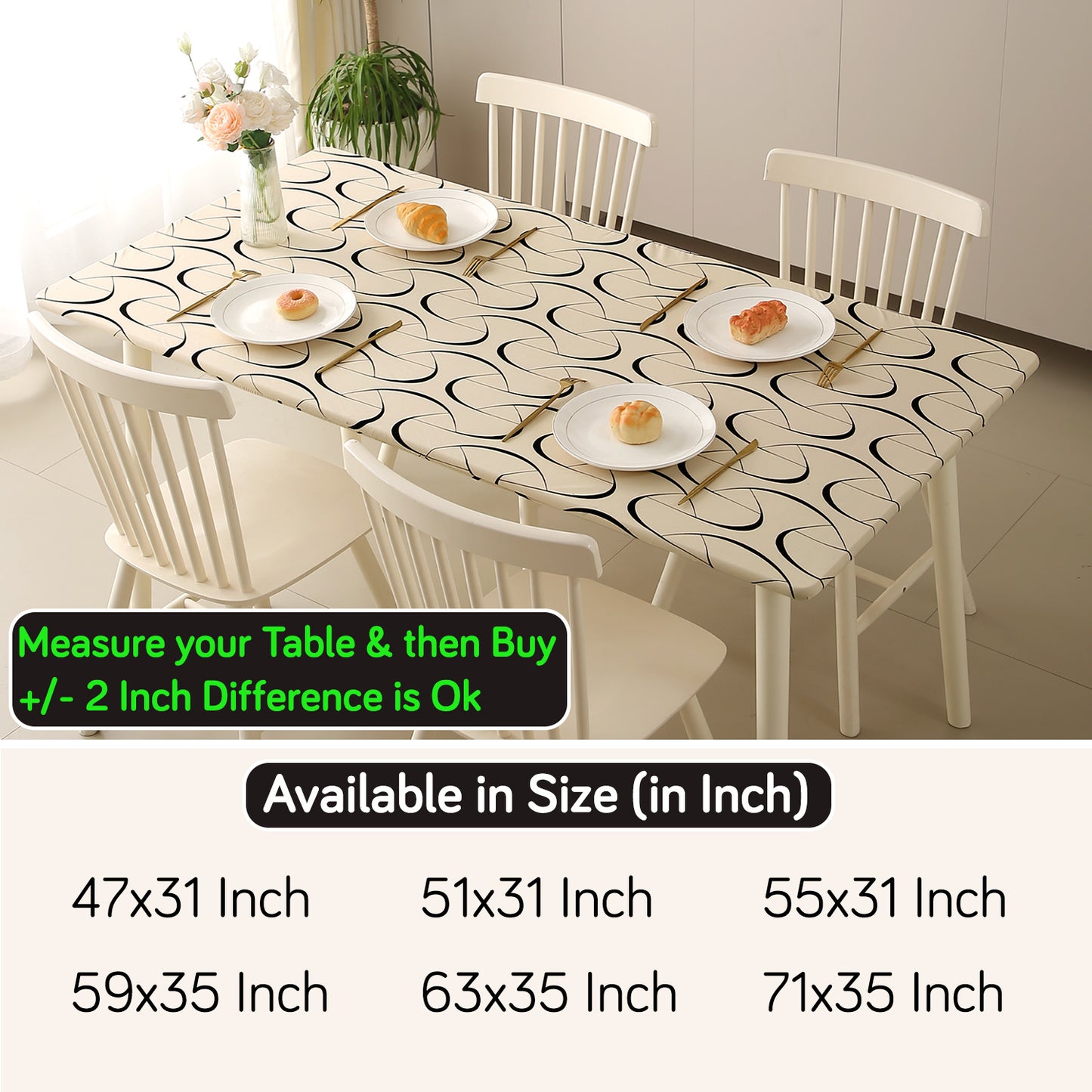 Printed Stretch Fit Water-Repellent & Anti-Slip Table Cloth Cover for 4 Seater / 6 Seater, Natural Beige Abstract Art