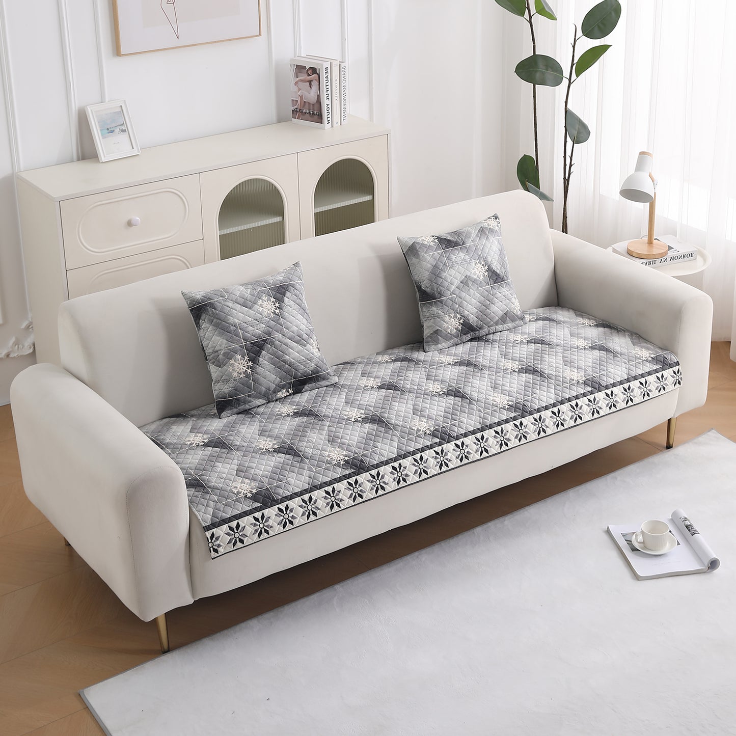 LiefNest Printed Holland Velvet Sofa Mat with Foam Filling - Snowflakes Gradient Grey for 1/2/3 Seater & Armrest