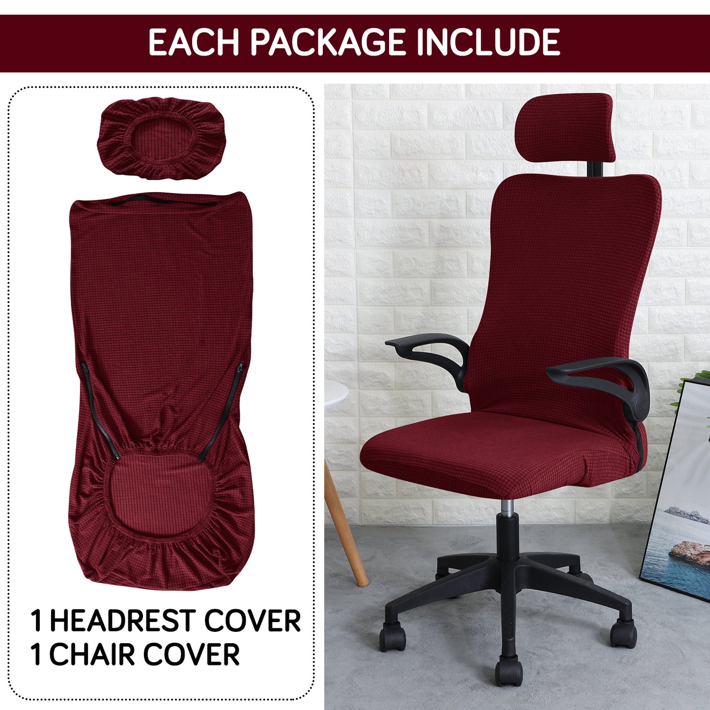 Water Repellent Office Chair Cover with Headrest (High-Back) – 210 GSM Stretch Jacquard – Washable, Anti-Slip Fit for Ergonomic Mesh Office Chairs, Burgundy