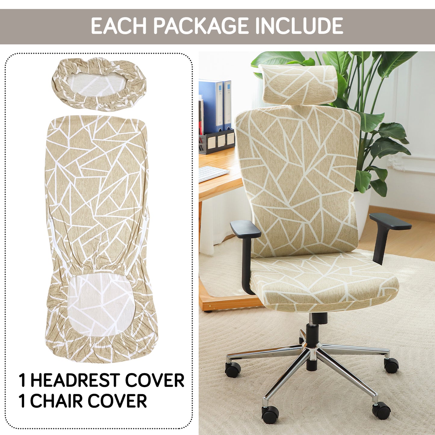 Printed Office Chair Cover with Headrest (High-Back) – 140 GSM Stretch Fabric – Washable, Anti-Slip Fit for Ergonomic Mesh Office Chairs, Beige Abstract Geometry