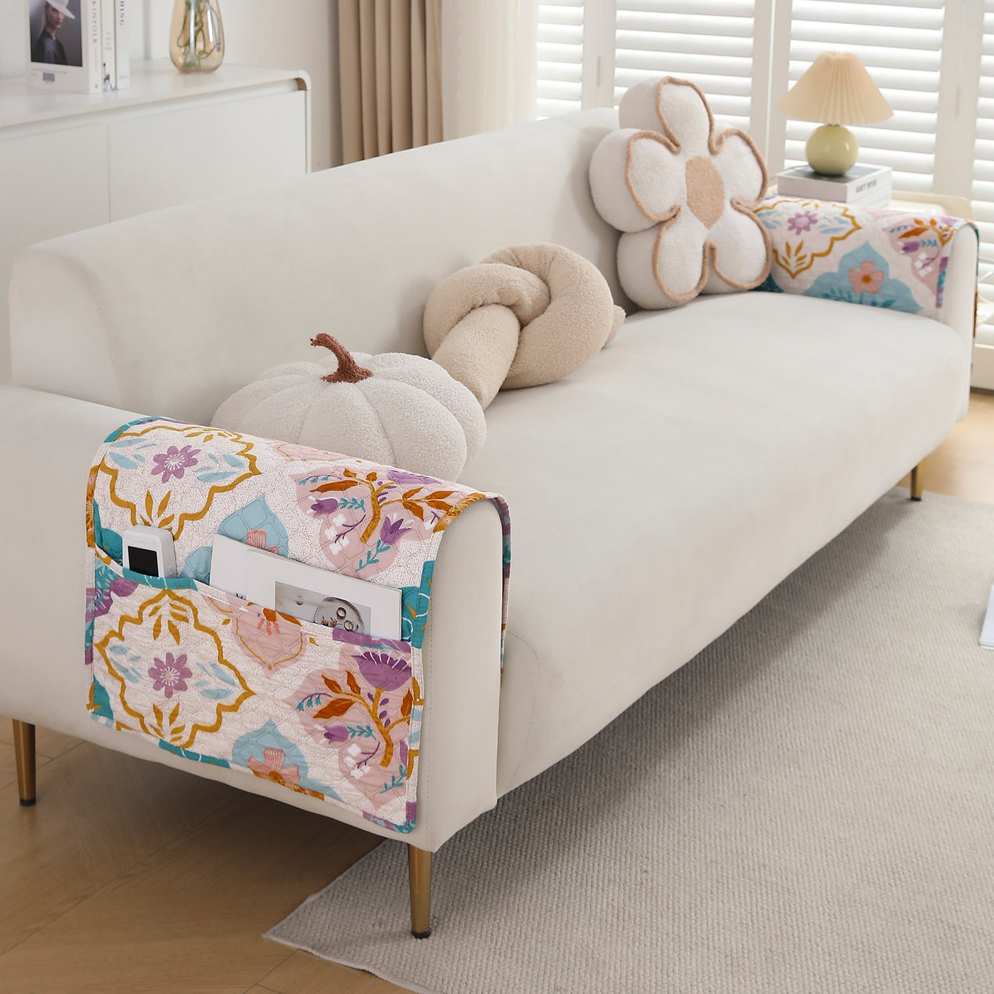 Polyester 2 Pcs Printed Quilted Sofa Armrest Cover, Quatrefoil Multicolor