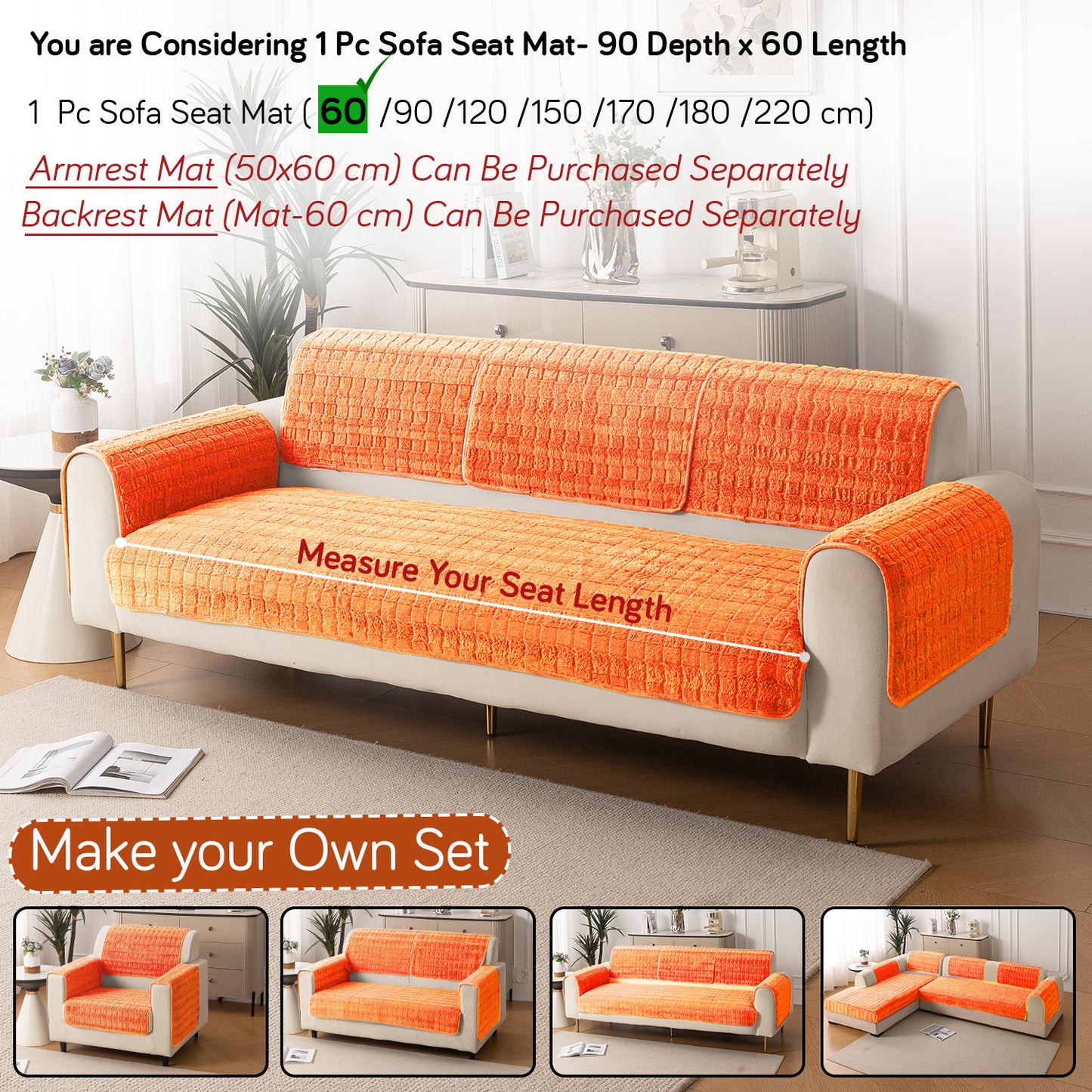 Premium Plush Anti Slip Sofa Cover Mat, Orange