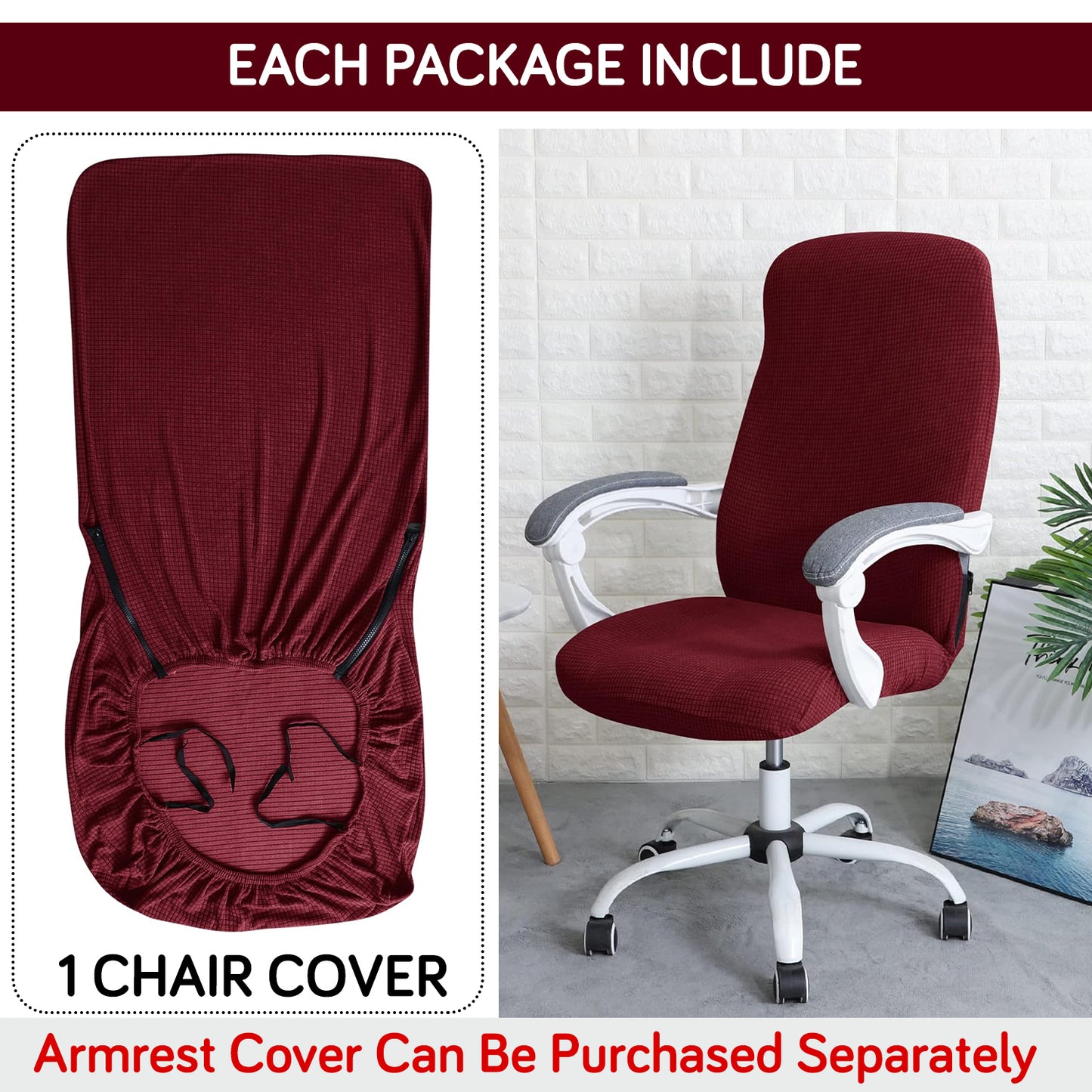 Water Repellent Office Chair Cover for Desk Chair (Mid-Back) – 210 GSM Stretch Jacquard – Washable, Durable & Anti-Slip – Fits Mid-Back Office Chairs, Burgundy