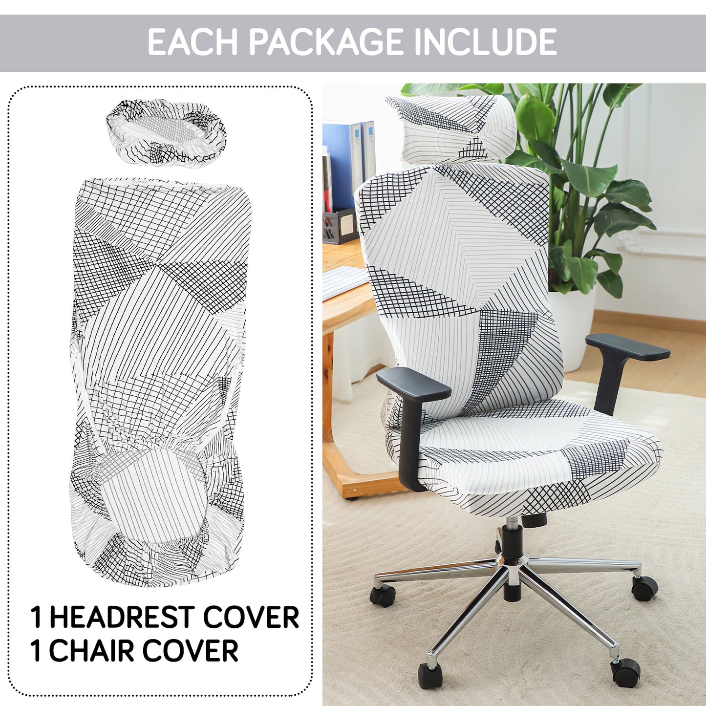 Printed Office Chair Cover with Headrest (High-Back) – 140 GSM Stretch Fabric – Washable, Anti-Slip Fit for Ergonomic Mesh Office Chairs, Snow White Black Geometry