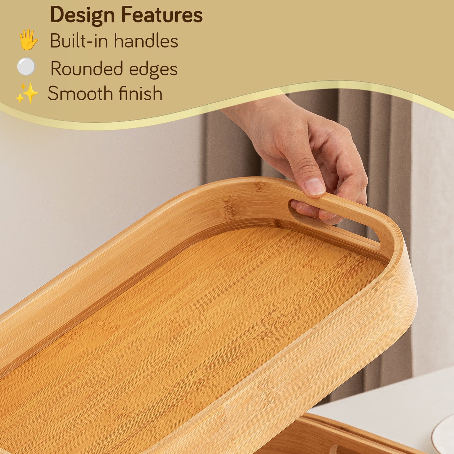 Natural Bamboo Serving Tray Set of 2/3 – Multipurpose Kitchen Tray with Handles