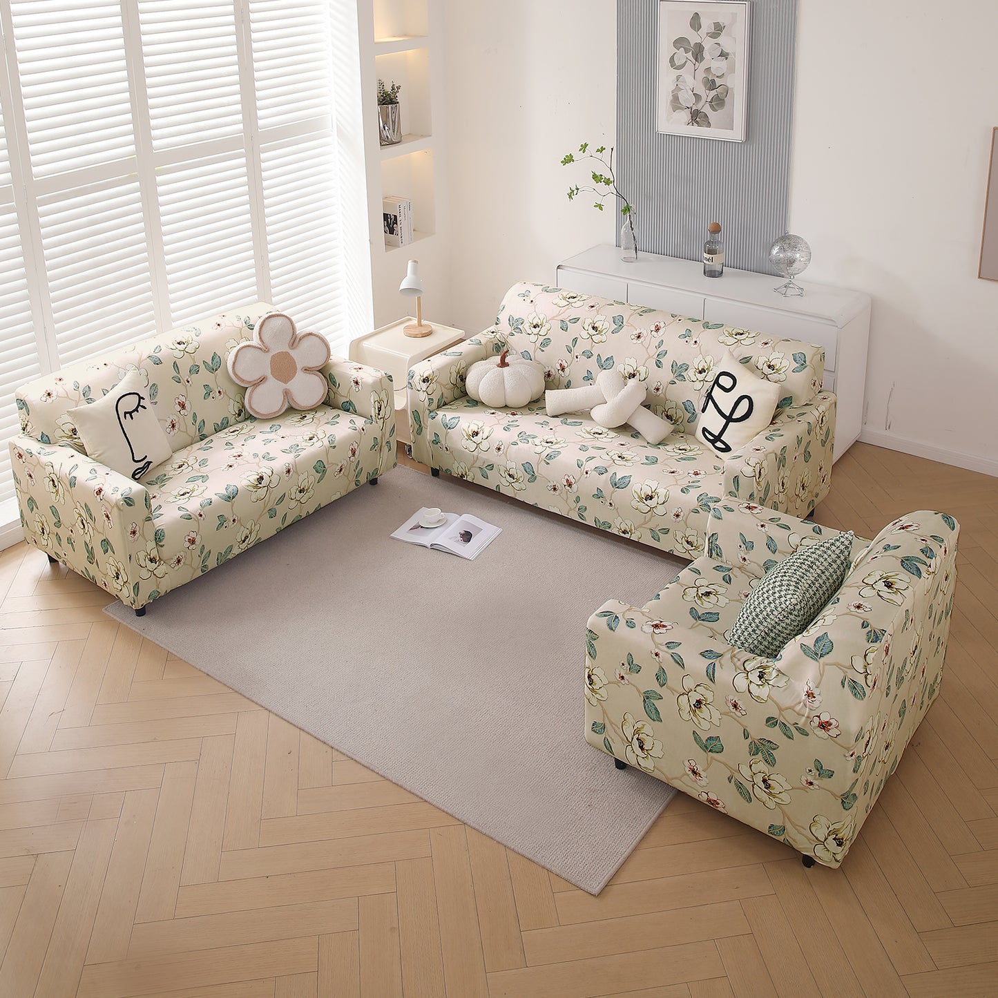 Premium Printed Velvet Sofa Cover 1/2/3 Seaters Fully Covered, Buttercream Magnolia Whisper