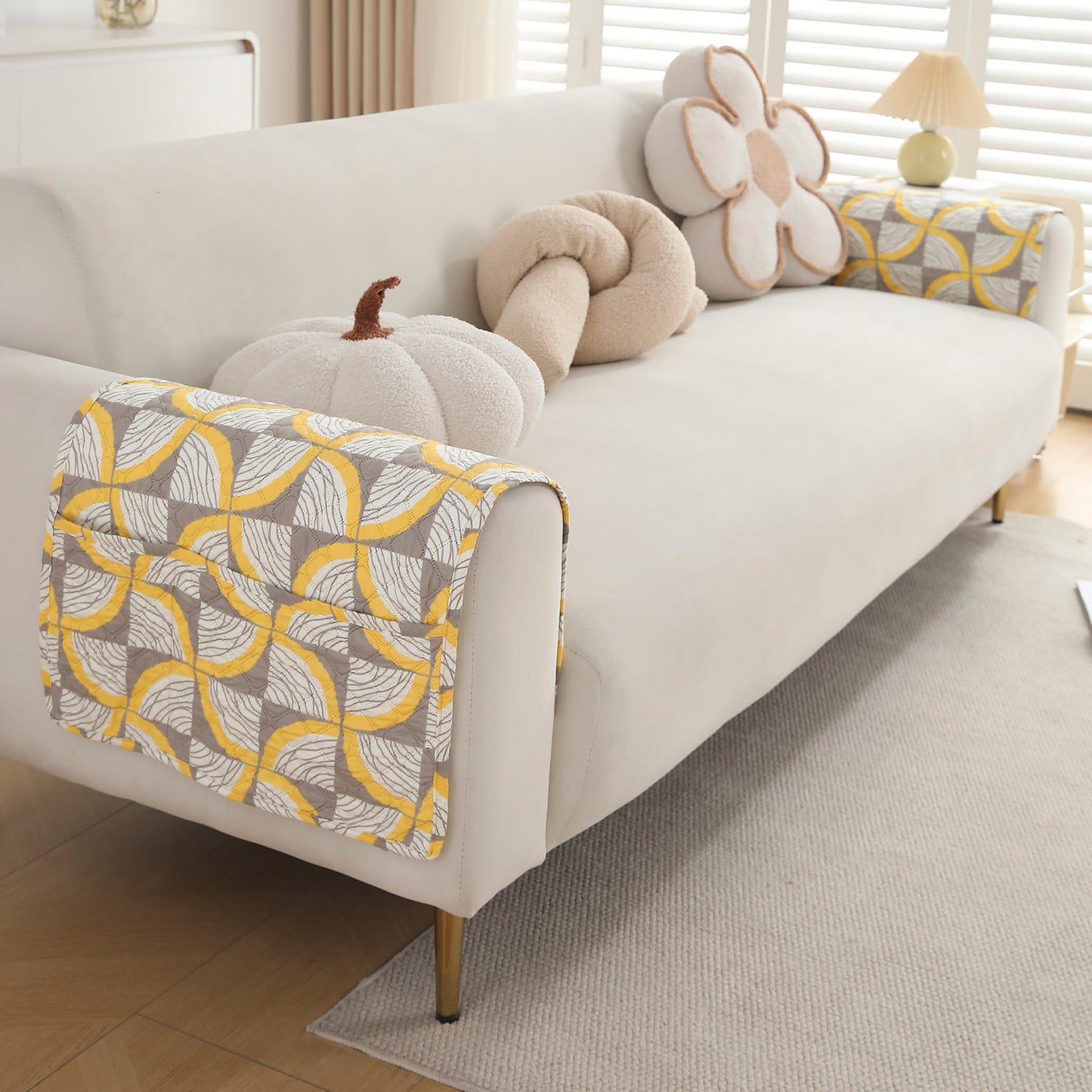 Polyester 2 Pcs Printed Quilted Sofa Armrest Cover, Windmill Cyber Yellow