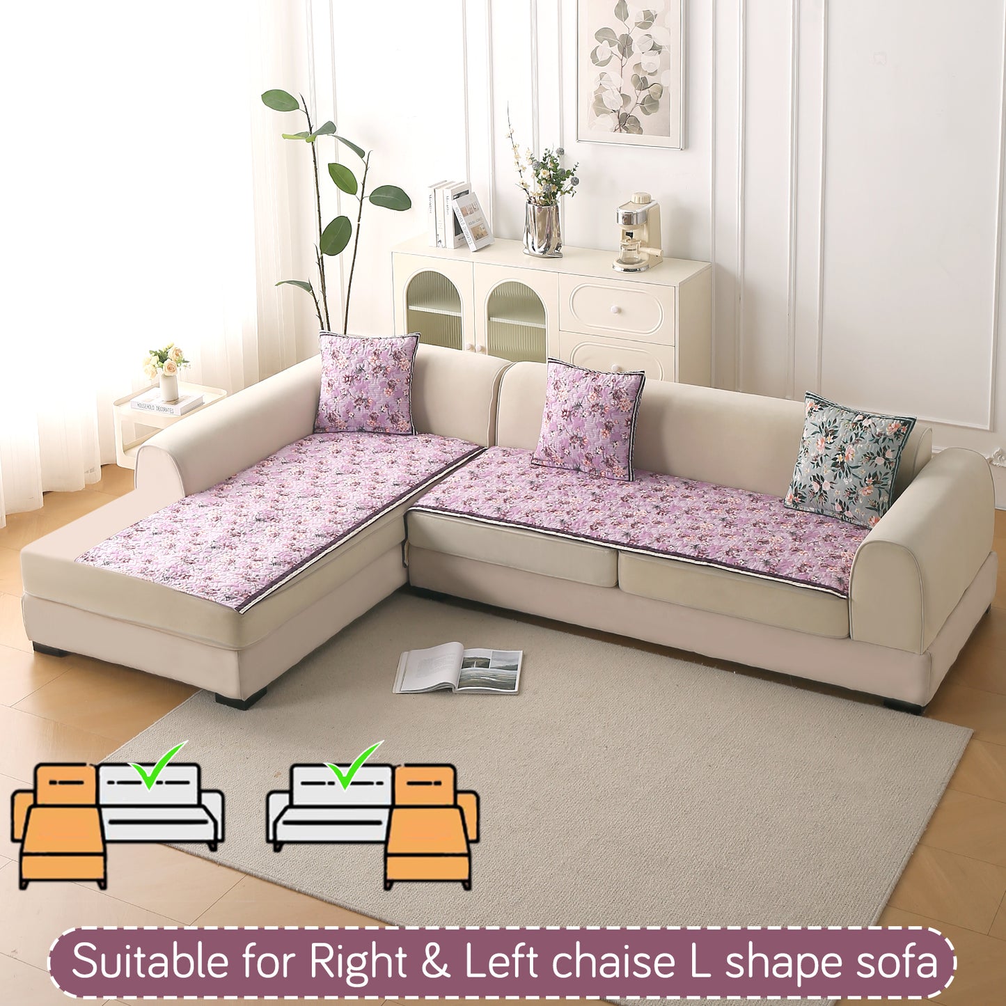 Florentina Series Quilted Holland Velvet L Shape Sofa Seat Mat - Peony Lavender