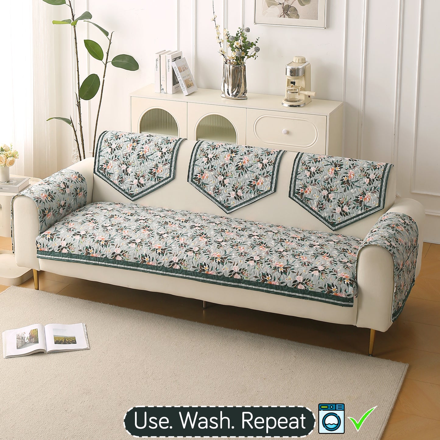 Florentina Series Printed Holland Velvet Sofa Mat - Magnolia Green