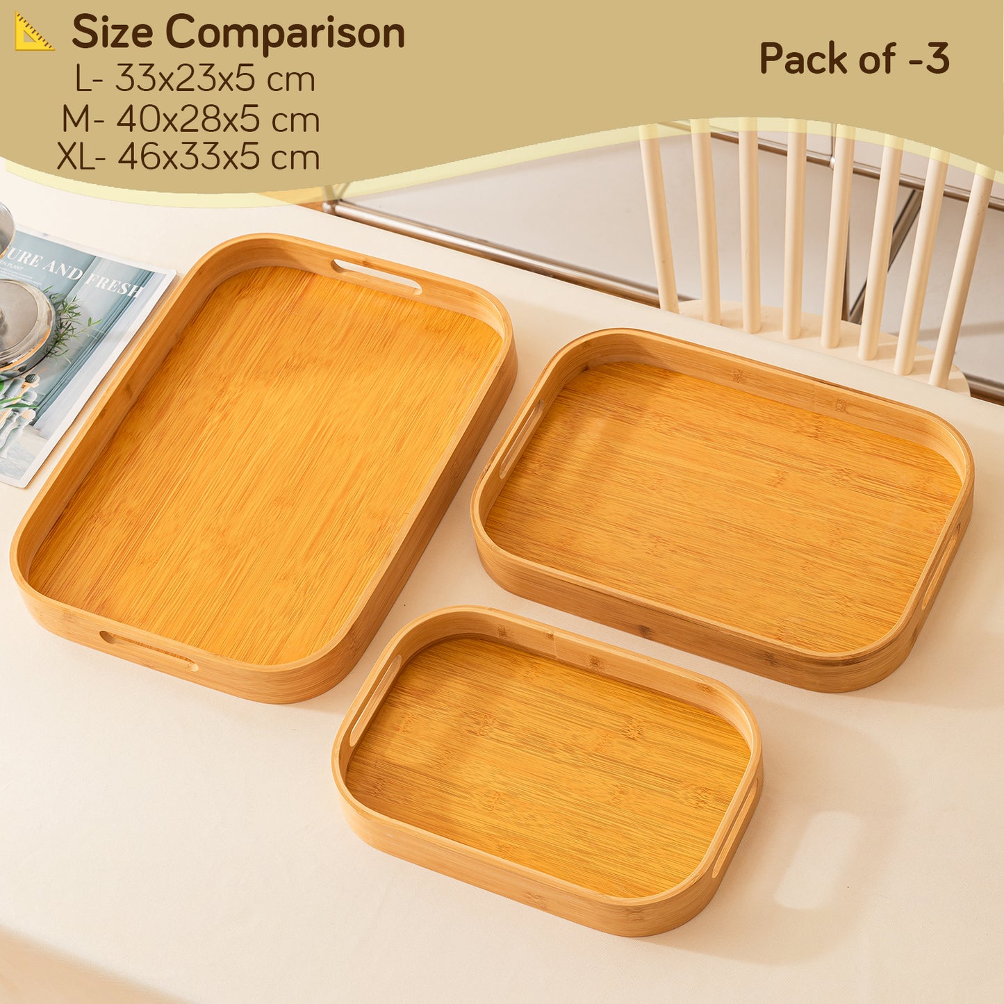 Natural Bamboo Serving Tray Set of 2/3 – Multipurpose Kitchen Tray with Handles