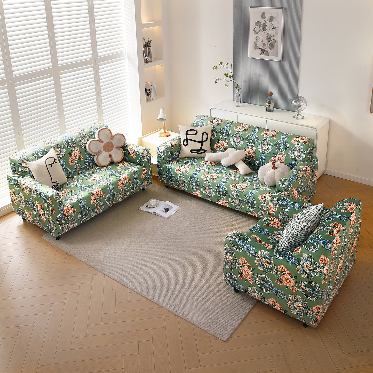 Premium Printed Velvet Sofa Cover 1/2/3 Seaters Fully Covered, Green Victorian Garden