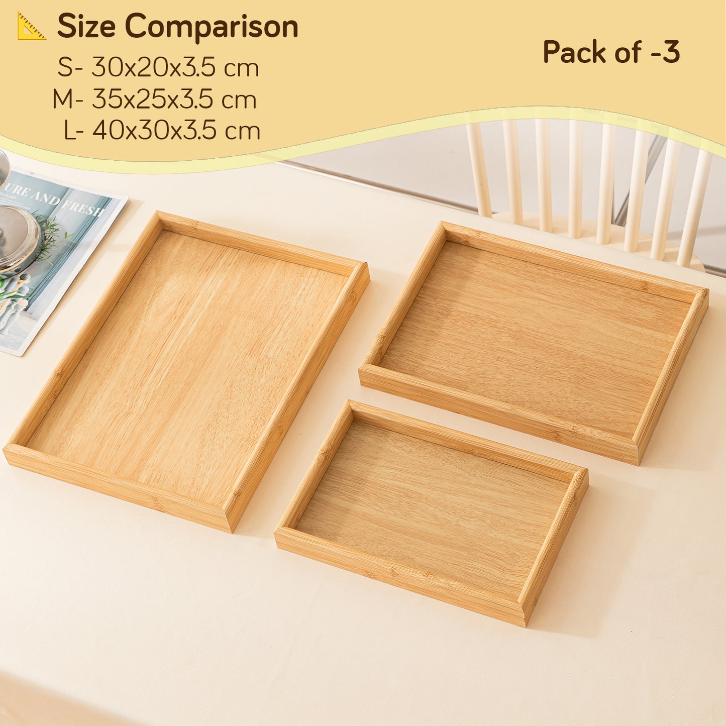 Wooden Serving Tray MDF Rectangular Eco-Friendly Trays Set of 3 – Natural Finish