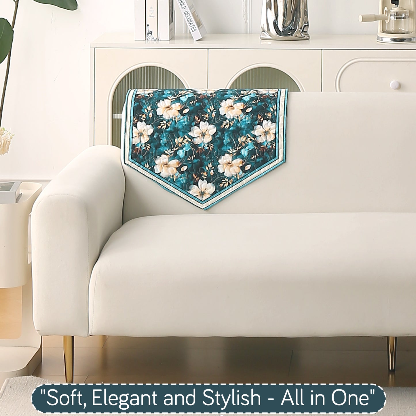 Florentina Series Printed Holland Velvet Sofa Mat - Pansies Teal