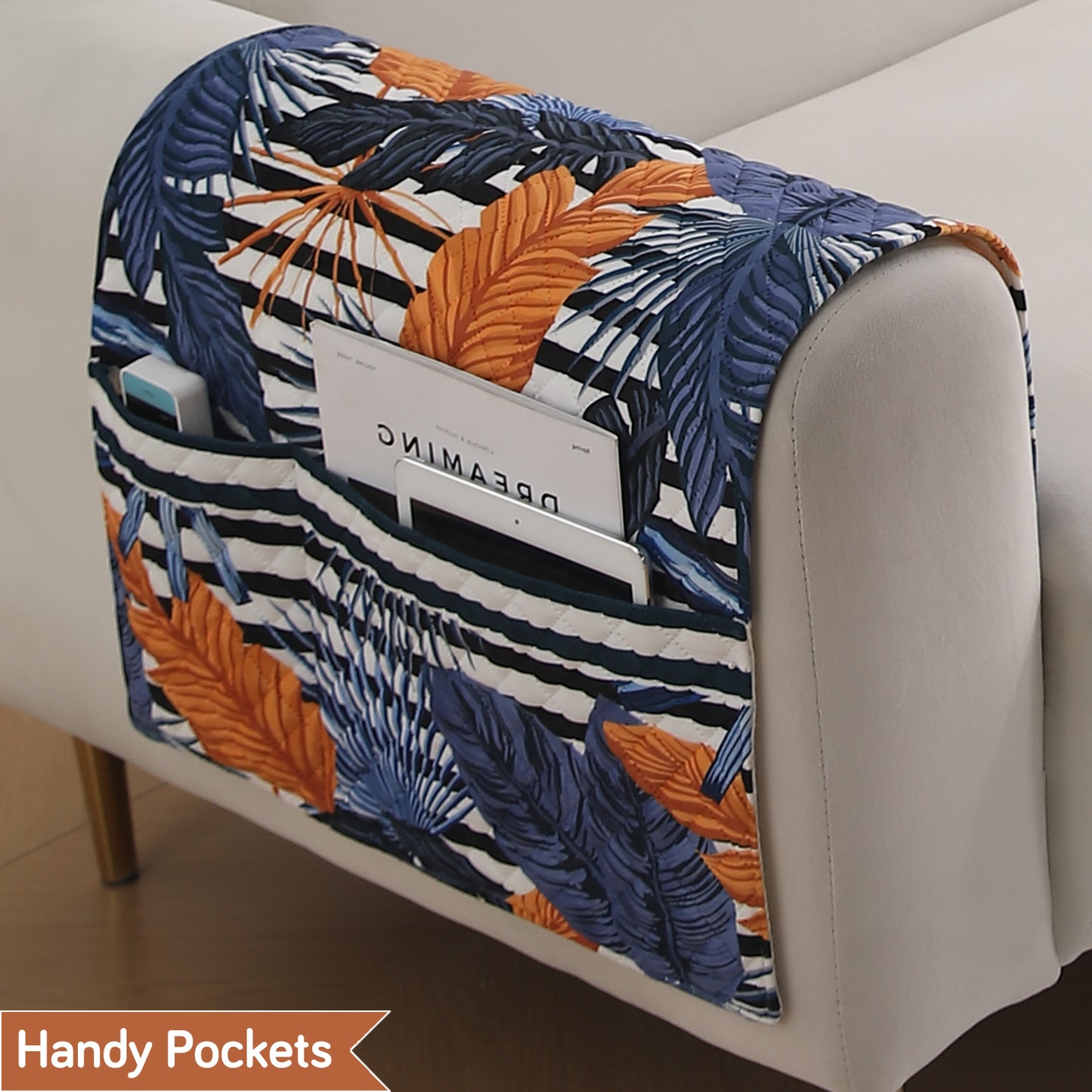 LiefNest Holland Velvet Sofa Cover Mat with Foam Filling - Tropical Leaves Dusk Blue