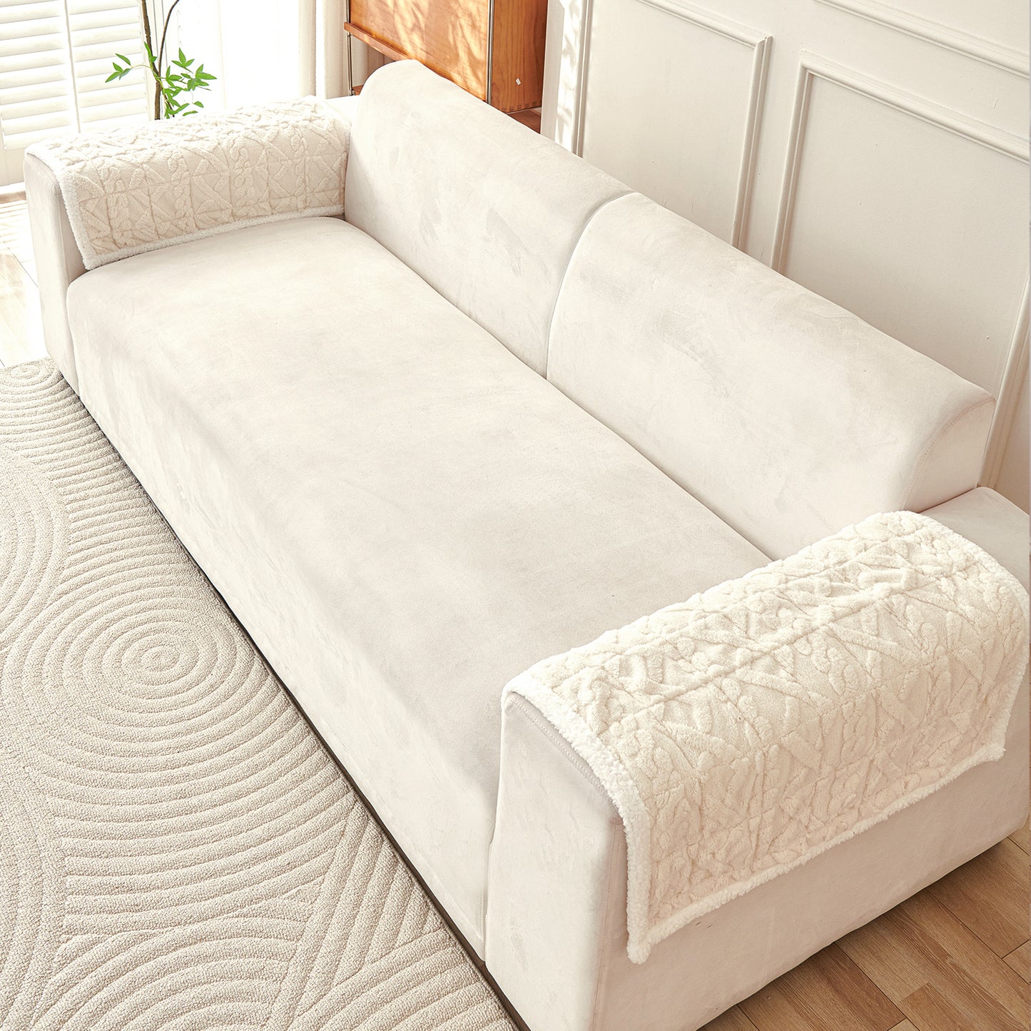 'Italian Caelora' Luxury Jacquard Plush Sofa Cover Mat and Anti-Slip Armrest Covers - Pearl Whit