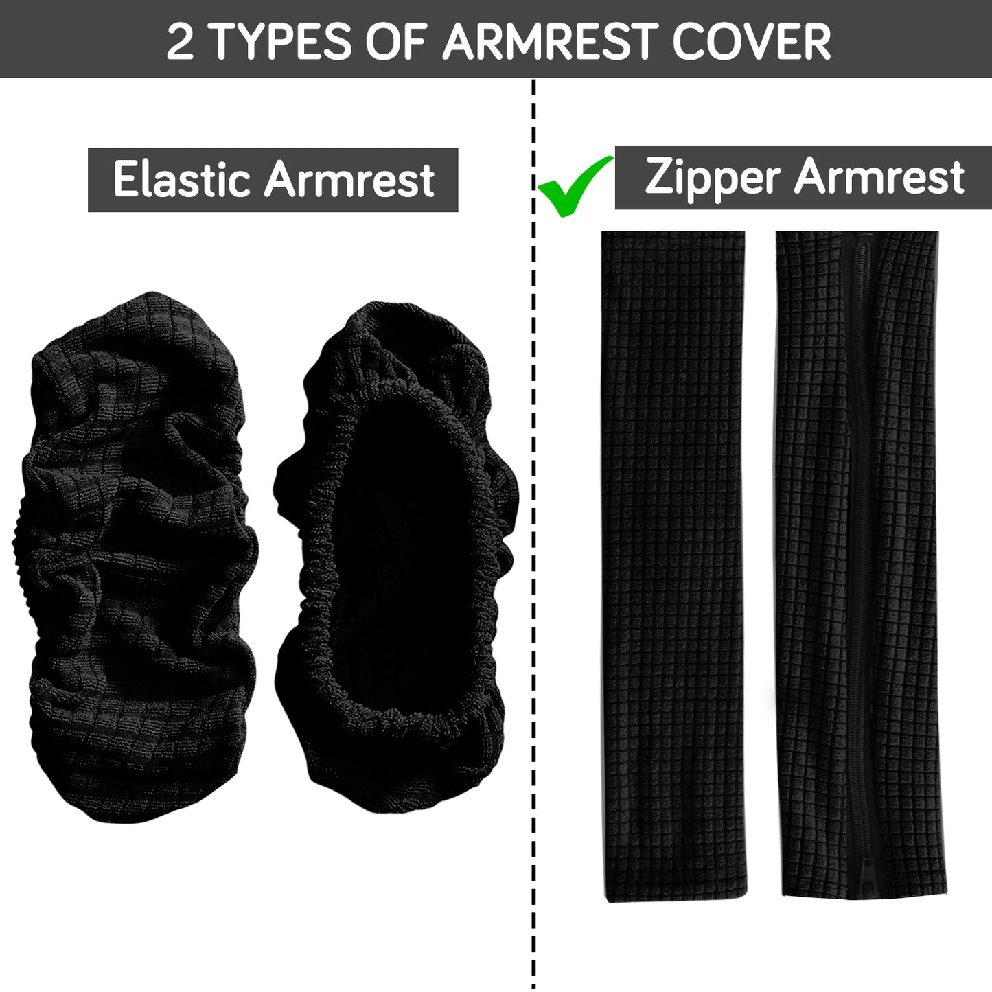 210gsm Jacquard Water Repellent Armrest Covers for Office Chair (Zipper Style), 1 Pair, Black
