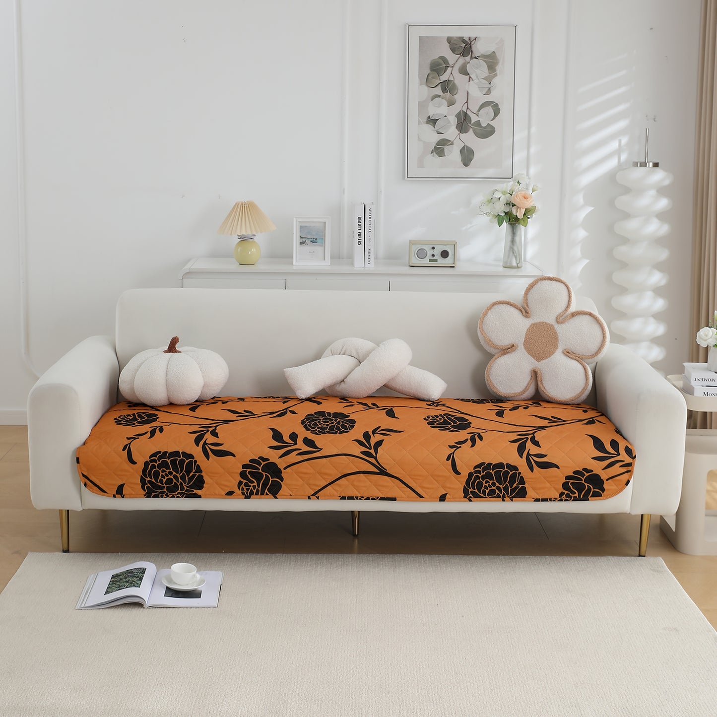 Water Repellent + Waterproof Quilted Sofa Mats, Copper Brown Floral