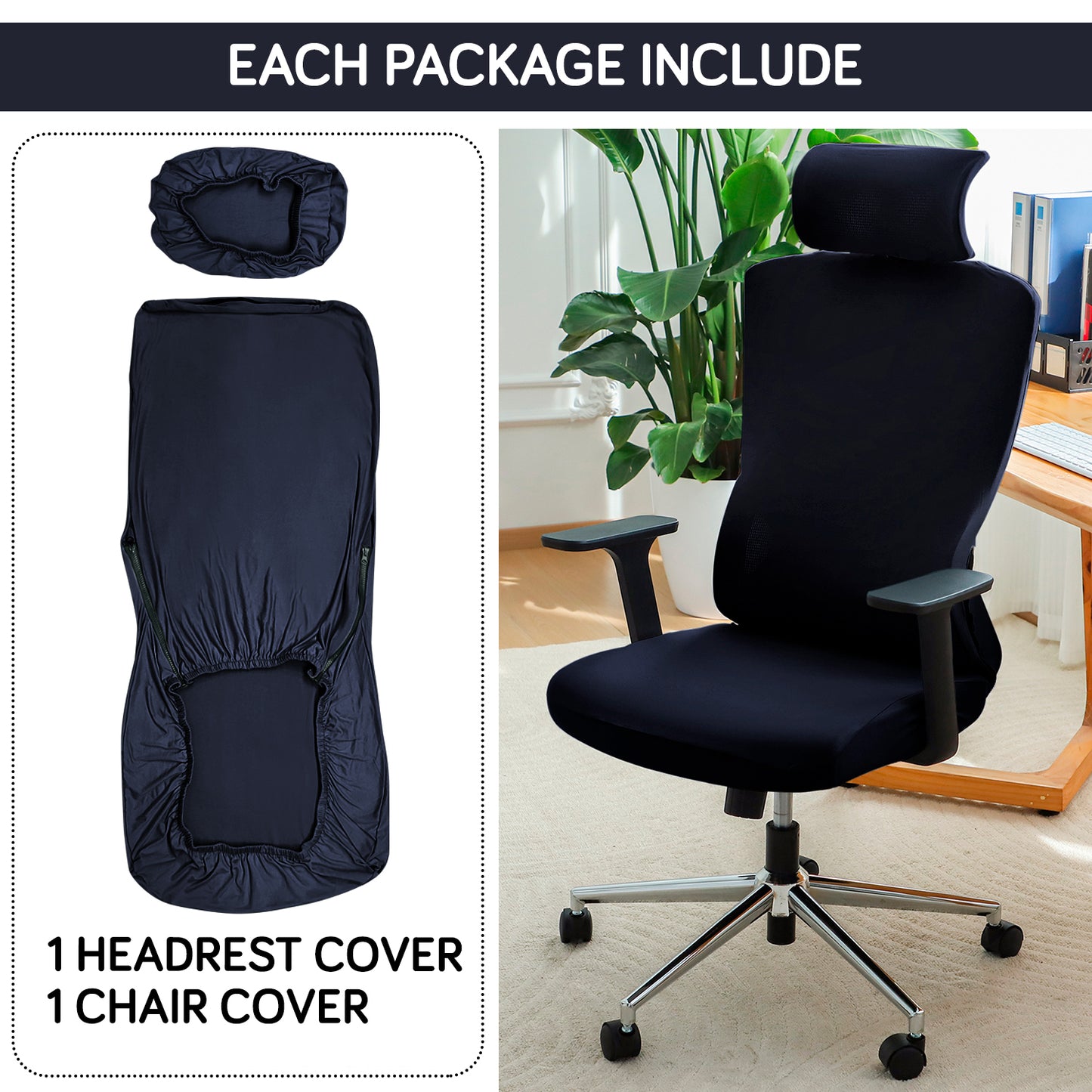 Office Chair Cover with Headrest (High-Back) – 140 GSM Stretch Fabric – Washable, Anti-Slip Fit for Ergonomic Mesh Office Chairs, Navy Blue