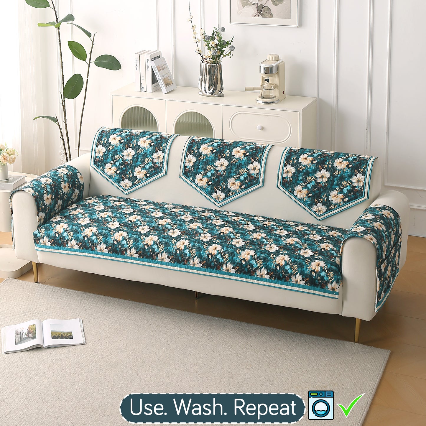 Florentina Series Printed Holland Velvet Sofa Mat - Pansies Teal