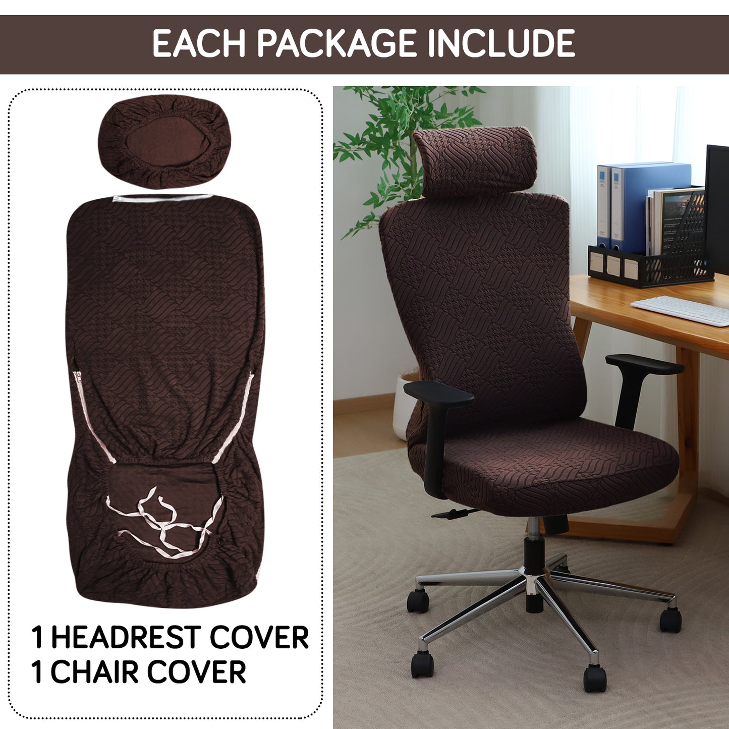 Office Chair Cover with Headrest (High-Back) – 170 GSM Stretch Jacquard – Washable, Anti-Slip Fit for Ergonomic Mesh Office Chairs, Brown