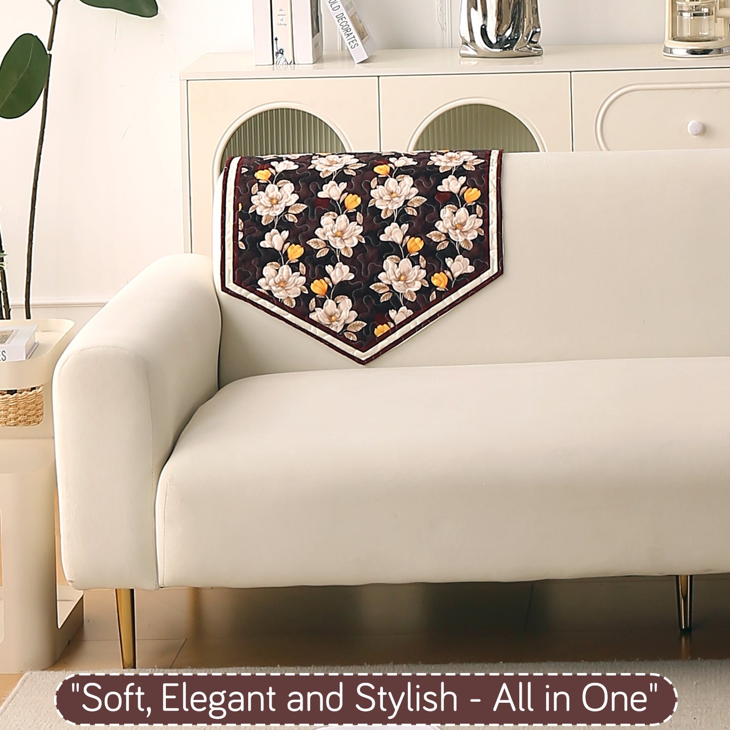 Florentina Series Printed Holland Velvet Sofa Mat - Camellia Brown