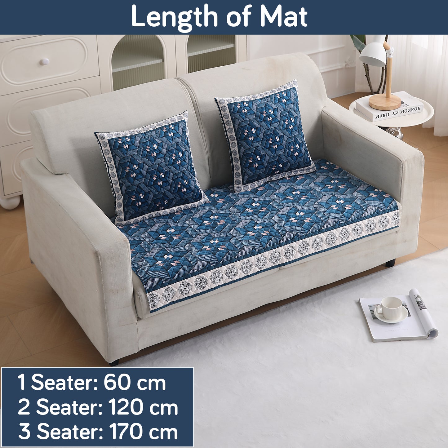LiefNest Printed Holland Velvet Sofa Mat with Foam Filling - Geometric Floral Oriental Blue for 1/2/3 Seater & Armrest