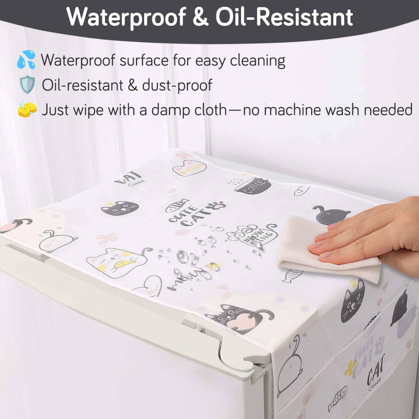 Small / Large Fridge Cover Top | For Smaller Single Door, Double Door and Bigger Double Door Refrigerator - Waterproof, Printed with 6 Side Pockets, Playful Cats