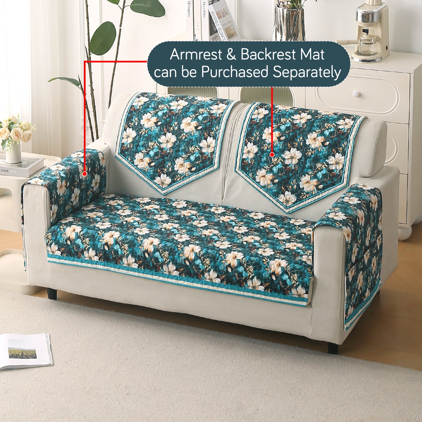 Florentina Series Printed Holland Velvet Sofa Mat - Pansies Teal