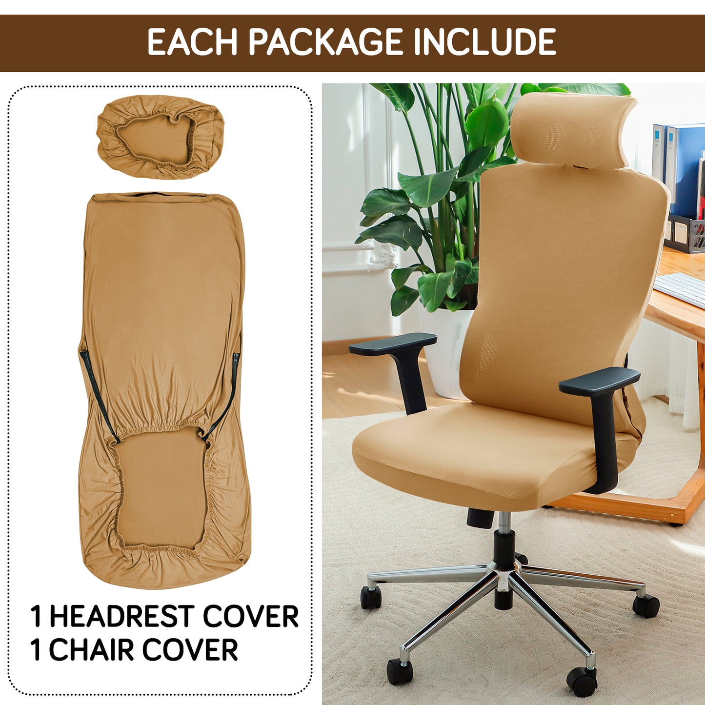 Office Chair Cover with Headrest (High-Back) – 140 GSM Stretch Fabric – Washable, Anti-Slip Fit for Ergonomic Mesh Office Chairs, Camel