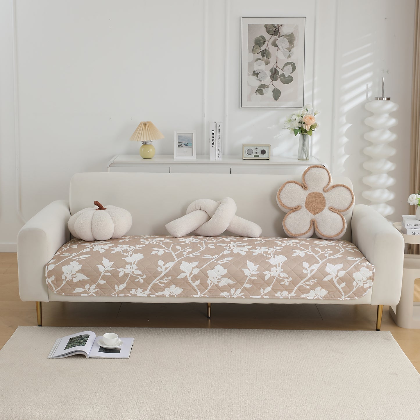 HOKIPO Water Repellent + Waterproof Quilted Sofa Mats, Buff Brown Sillehoute Floral