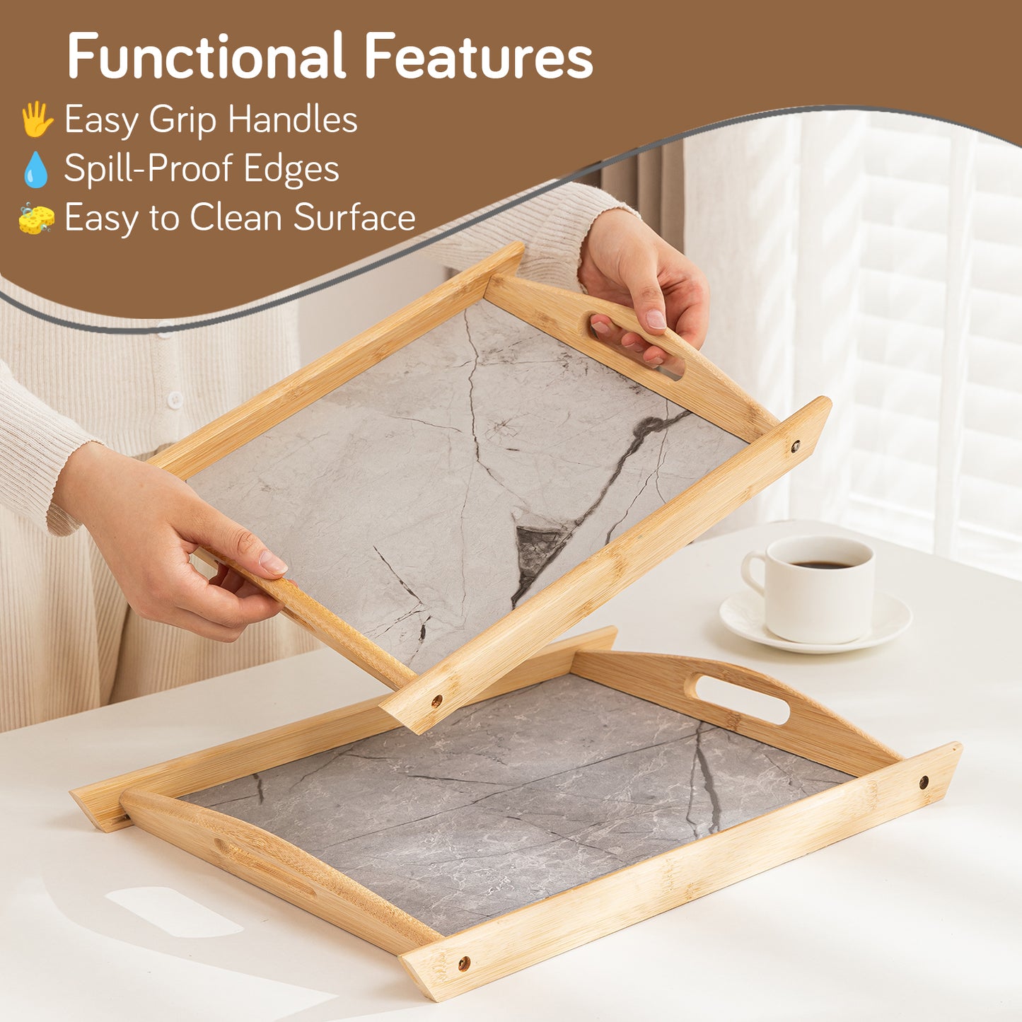 Bamboo Set of 2 Serving Trays with Handles – elegant faux marble base, Grey