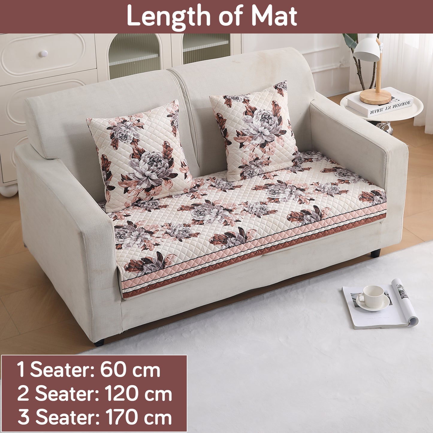 LiefNest Printed Holland Velvet Sofa Mat with Foam Filling - Chrysanthemum Bloom Soft Beige for 1/2/3 Seater & Armrest