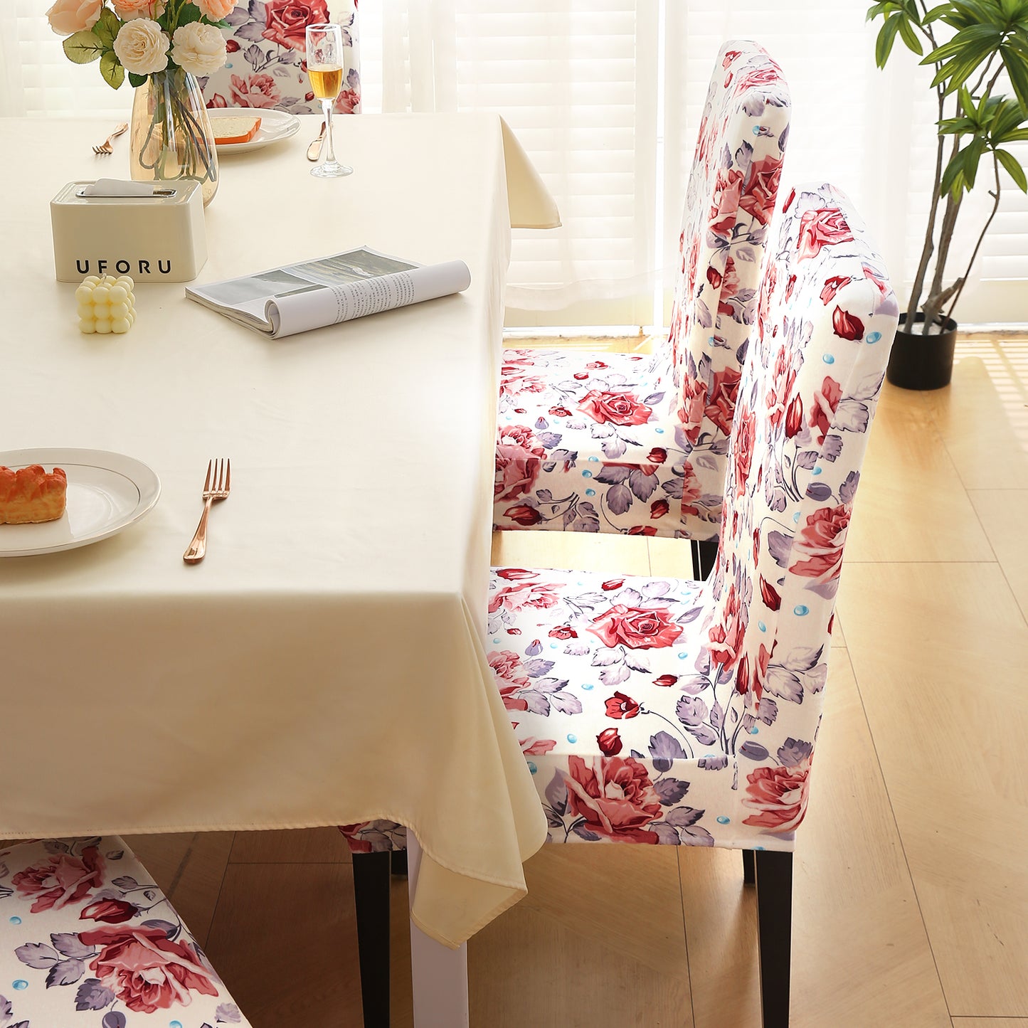Premium Printed Velvet Dining Chair Cover Set, Red Cottage Rose