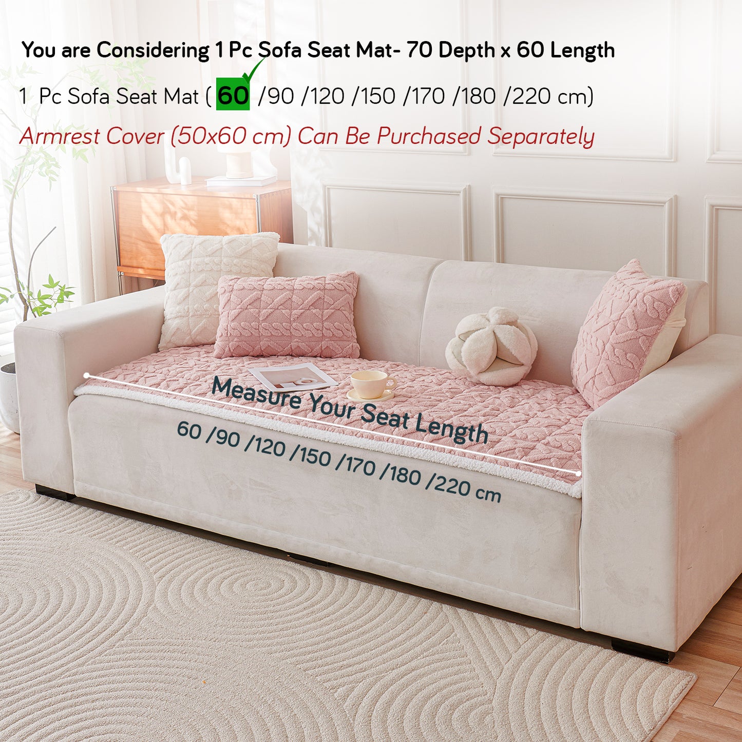 'Italian Caelora' Luxury Jacquard Plush Sofa Cover Mat and Anti-Slip Armrest Covers - Misty Rose