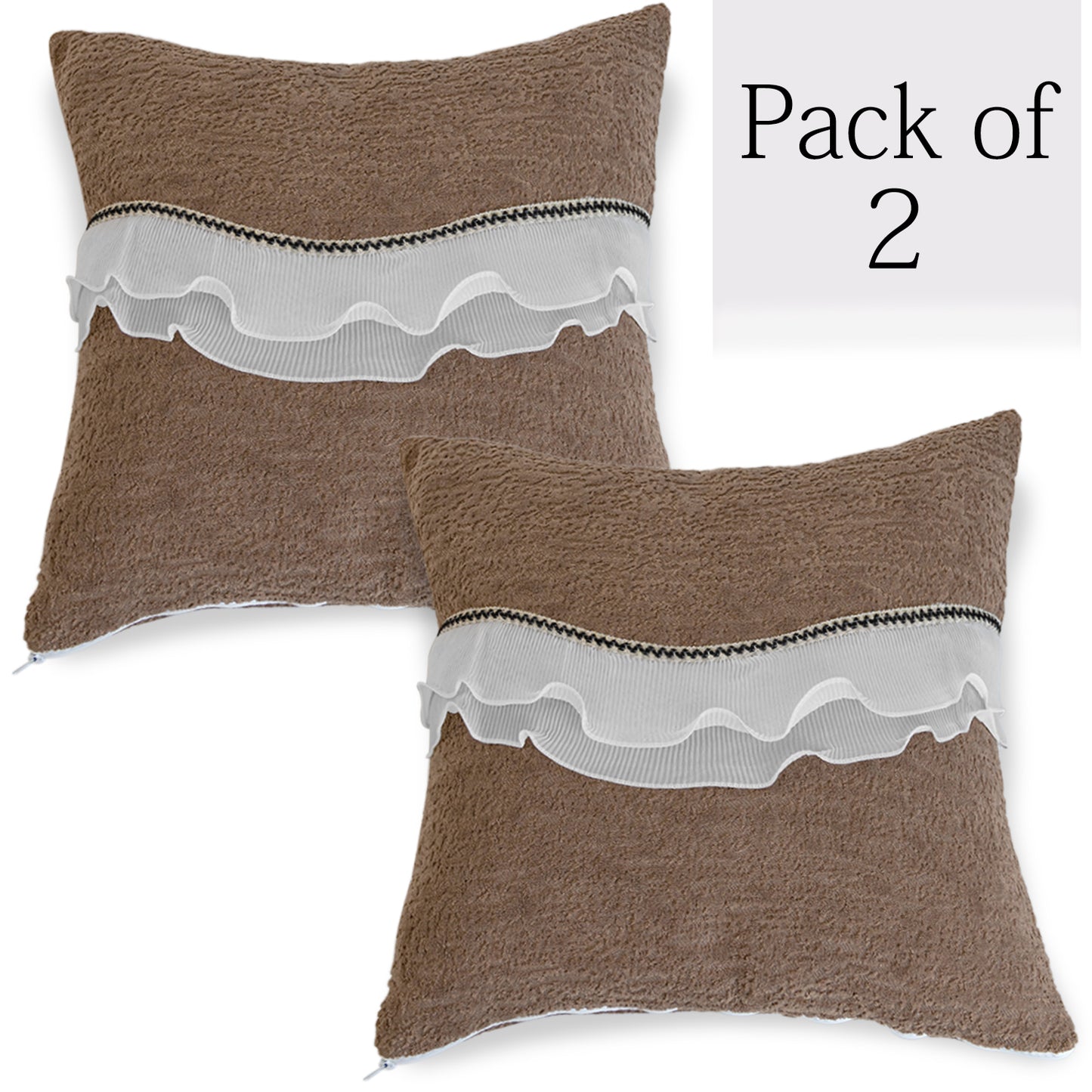 French Classic Frill Sofa Cushion Cover with Elegant Wavy Lace Design - Mocha Luxe Brown