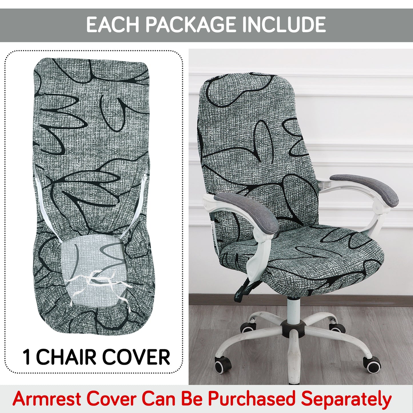 Printed Office Chair Cover for Desk Chair (Mid-Back) – 140 GSM Stretch Fabric – Washable & Anti-Slip – Fits Mid-Back Office Chairs, Intense Grey Abstract Floral - Medium