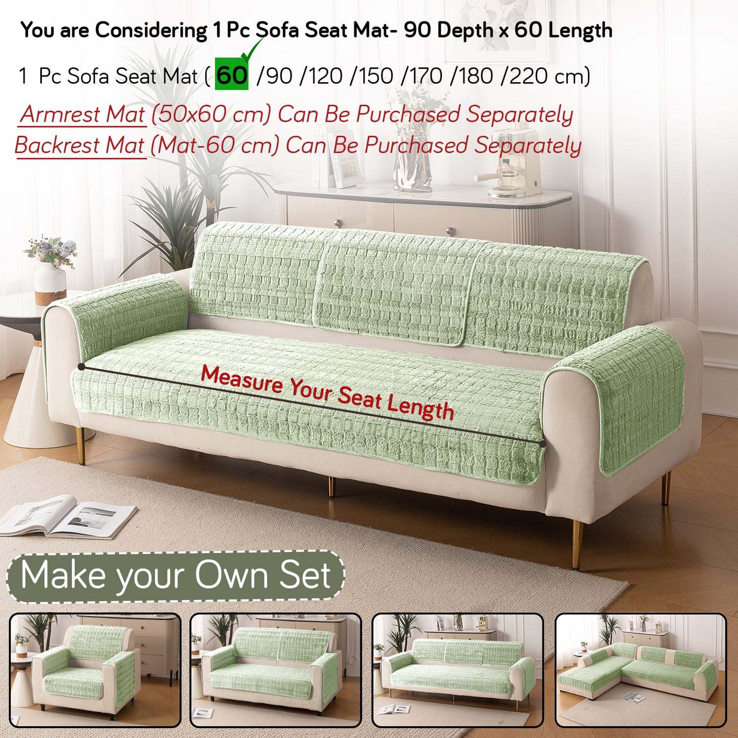 Premium Plush Anti Slip Sofa Cover Mat, Pastel Green