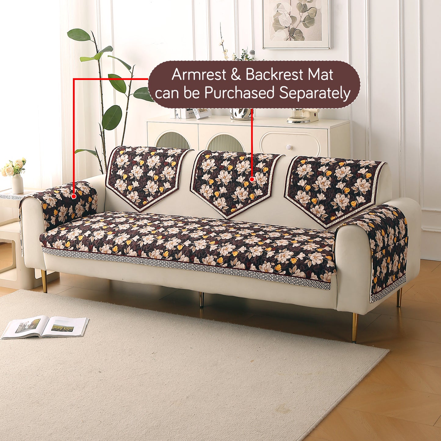 Florentina Series Printed Holland Velvet Sofa Mat - Camellia Brown