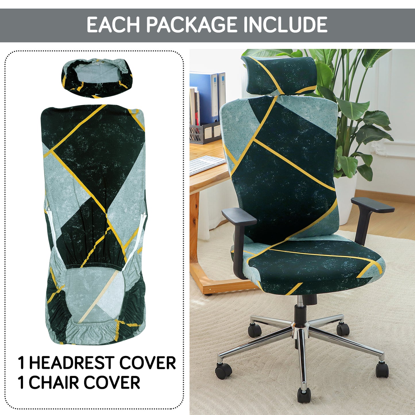Printed Office Chair Cover with Headrest (High-Back) – 140 GSM Stretch Fabric – Washable, Anti-Slip Fit for Ergonomic Mesh Office Chairs, Multicolor Abstract Geometry