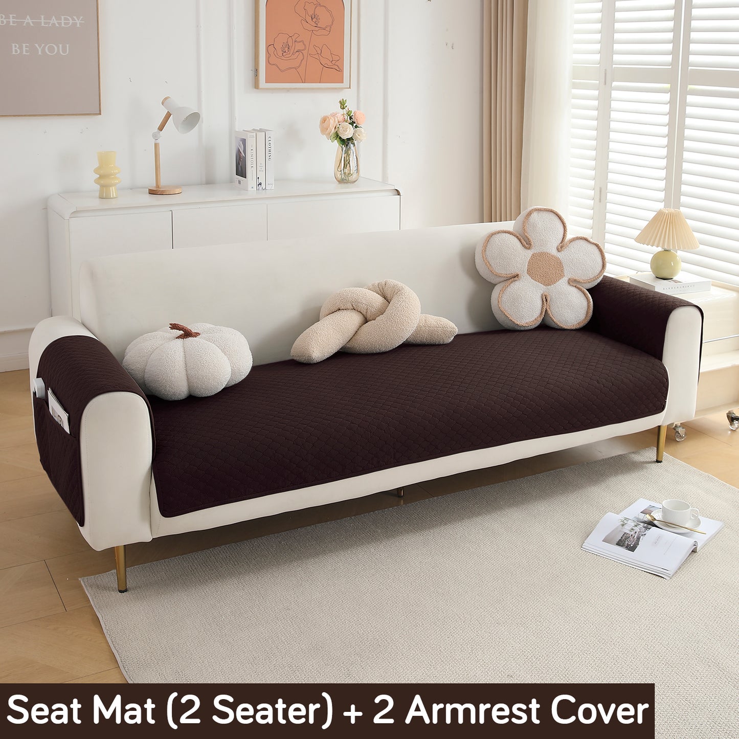 Quilted Sofa Cover Set with Seat Mat and Armrest Covers with Pockets, Dark Brown