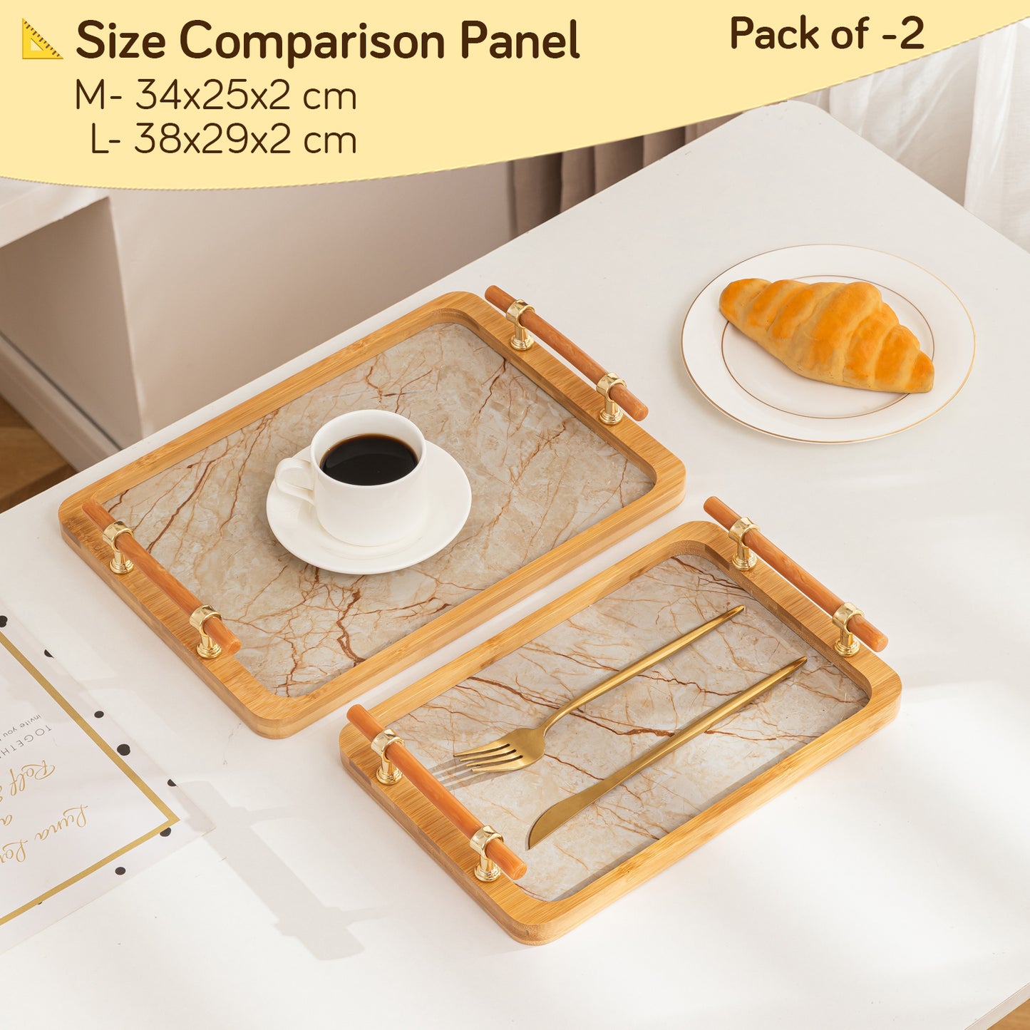 Luxury Bamboo Serving Tray Set with Faux Marble Base with Golden Handles