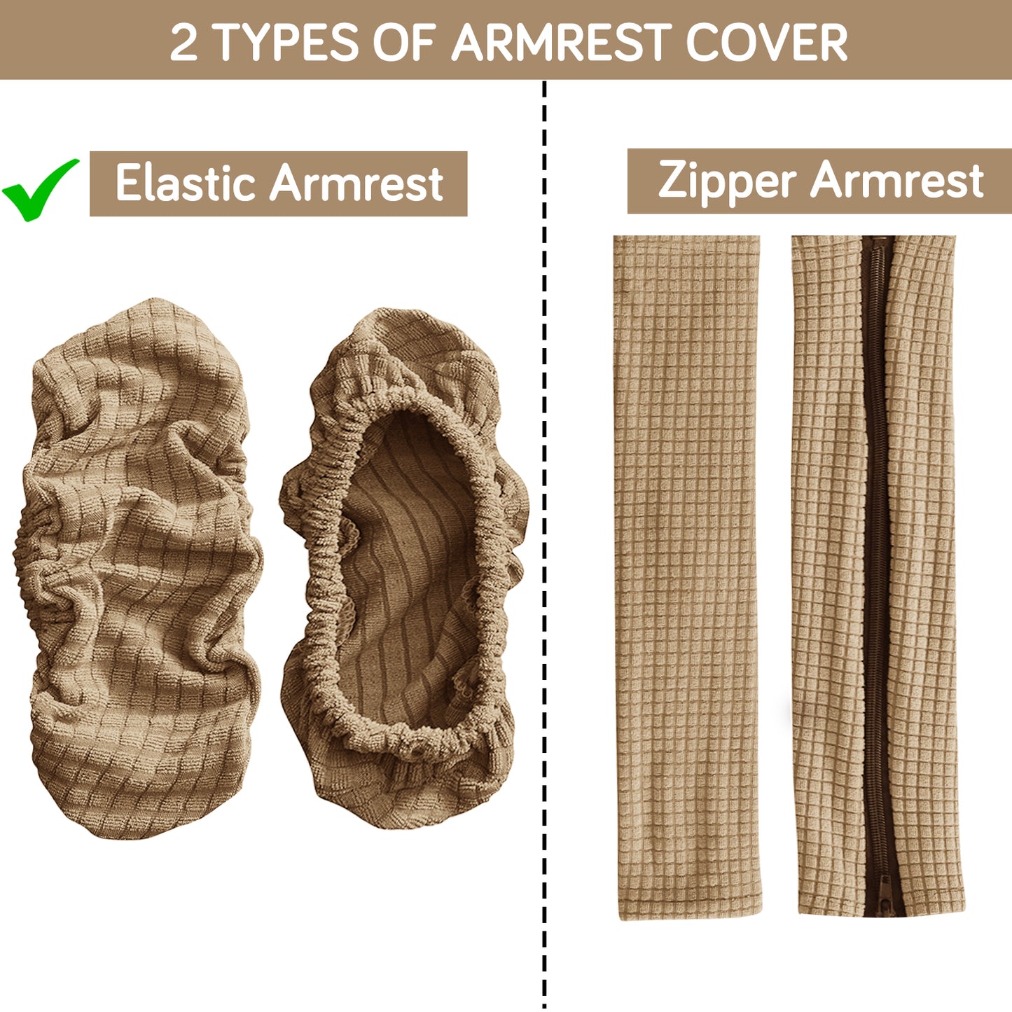 210gsm Jacquard Water Repellent Armrest Covers for Office Chair (Elastic Style), 1 Pair, Camel