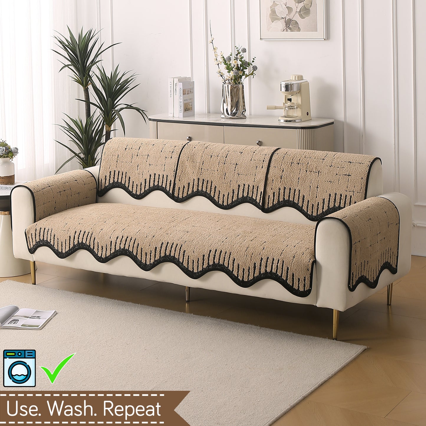 Premium Supple Soft Wavy with Curve Sofa Cover Mat, Brown