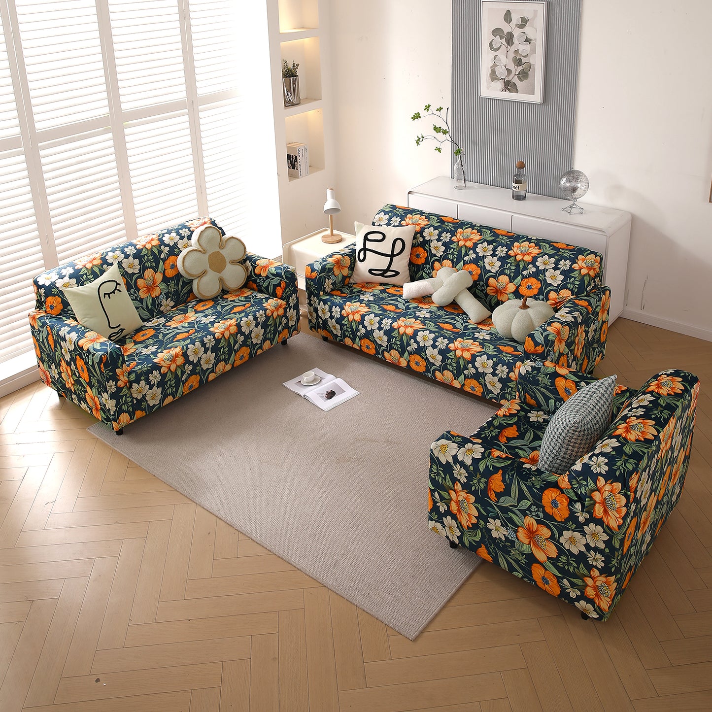 Premium Printed Velvet Sofa Cover 1/2/3 Seaters Fully Covered, Teal Twilight Garden